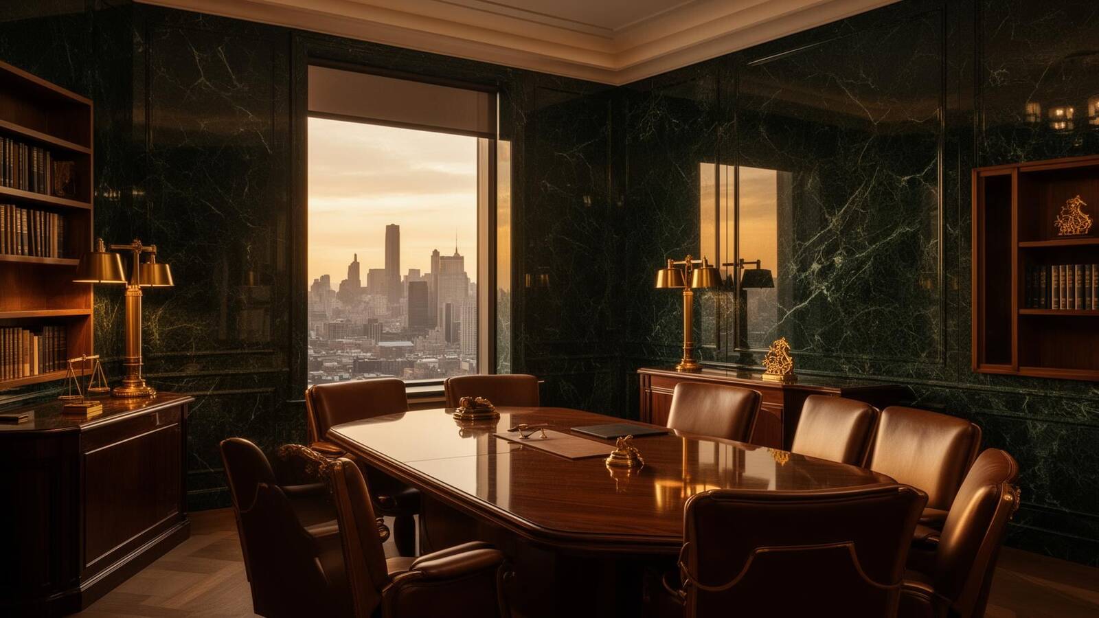 Modern law firm interior with green marble and city view